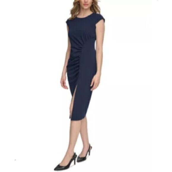 NWT Calvin Klein Side-Ruched Scuba Crepe Sheath Dress - Picture 5 of 17